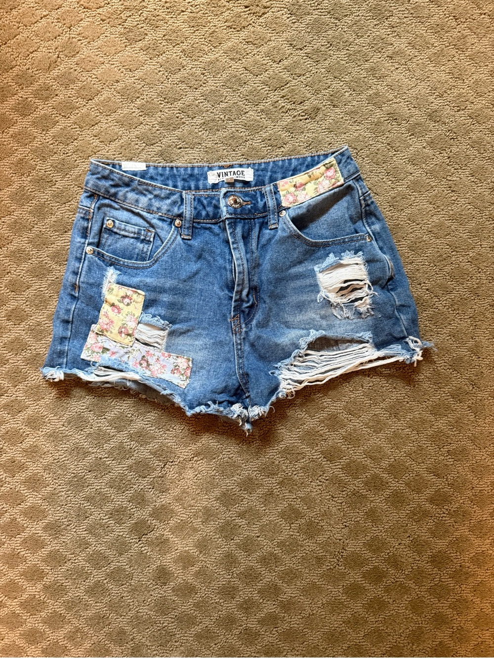 Almost Famous Blue Distressed Denim Shorts with Floral Patches